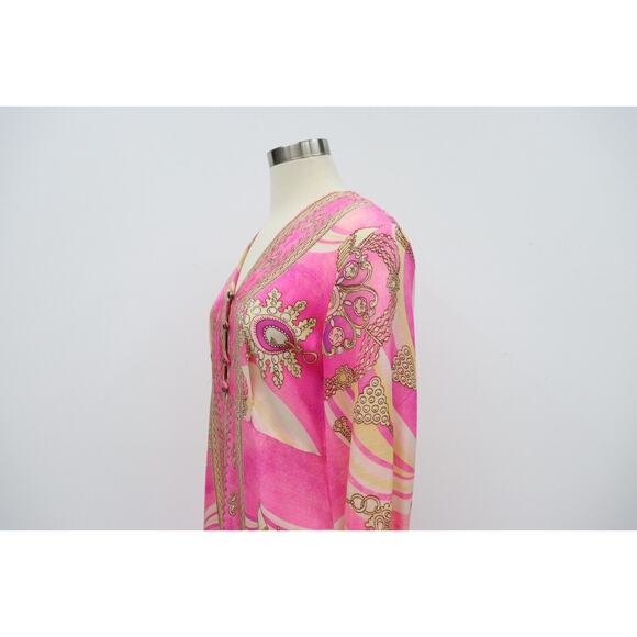 Vintage DELA-ANN Novelty Pink Glam Jewelry Print Lounge Kaftan Dress 1960's M - Picture 11 of 16